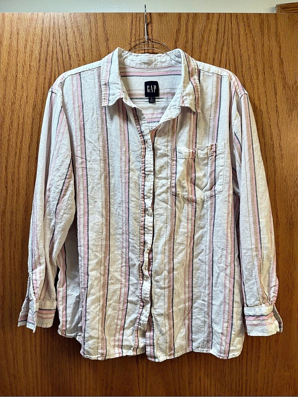 Gap Linen-Blend Striped Boyfriend Shirt White & Pink XL